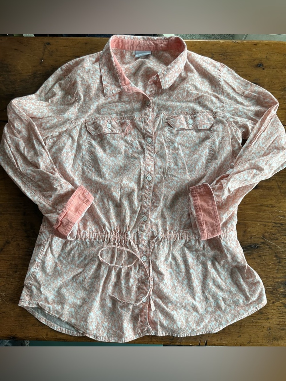 Women’s Coral Printed Button-Down Shirt with Drawstring Waist